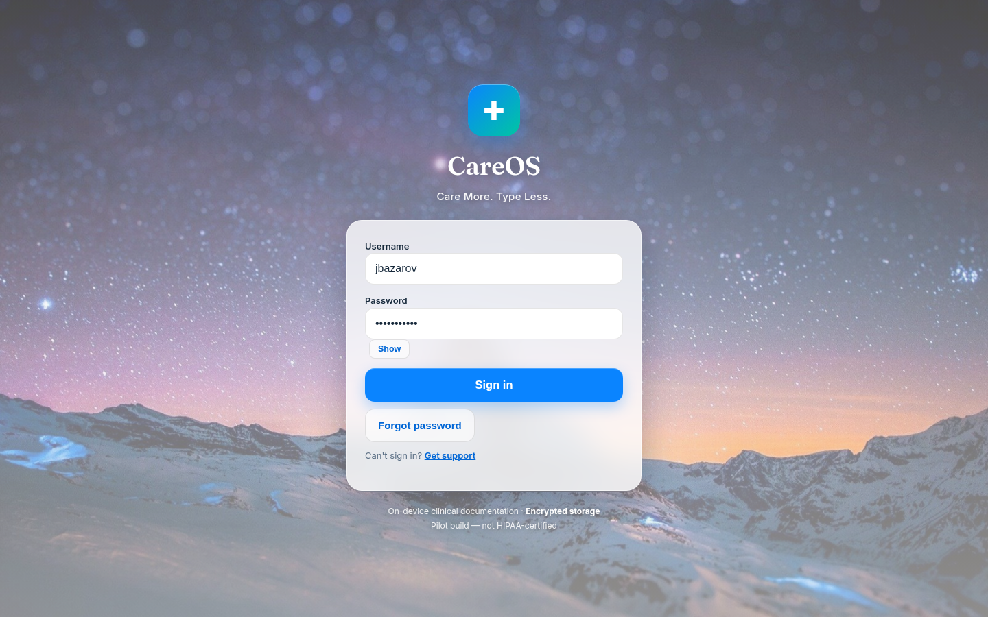 CareOS sign-in screen over a starry Matterhorn landscape