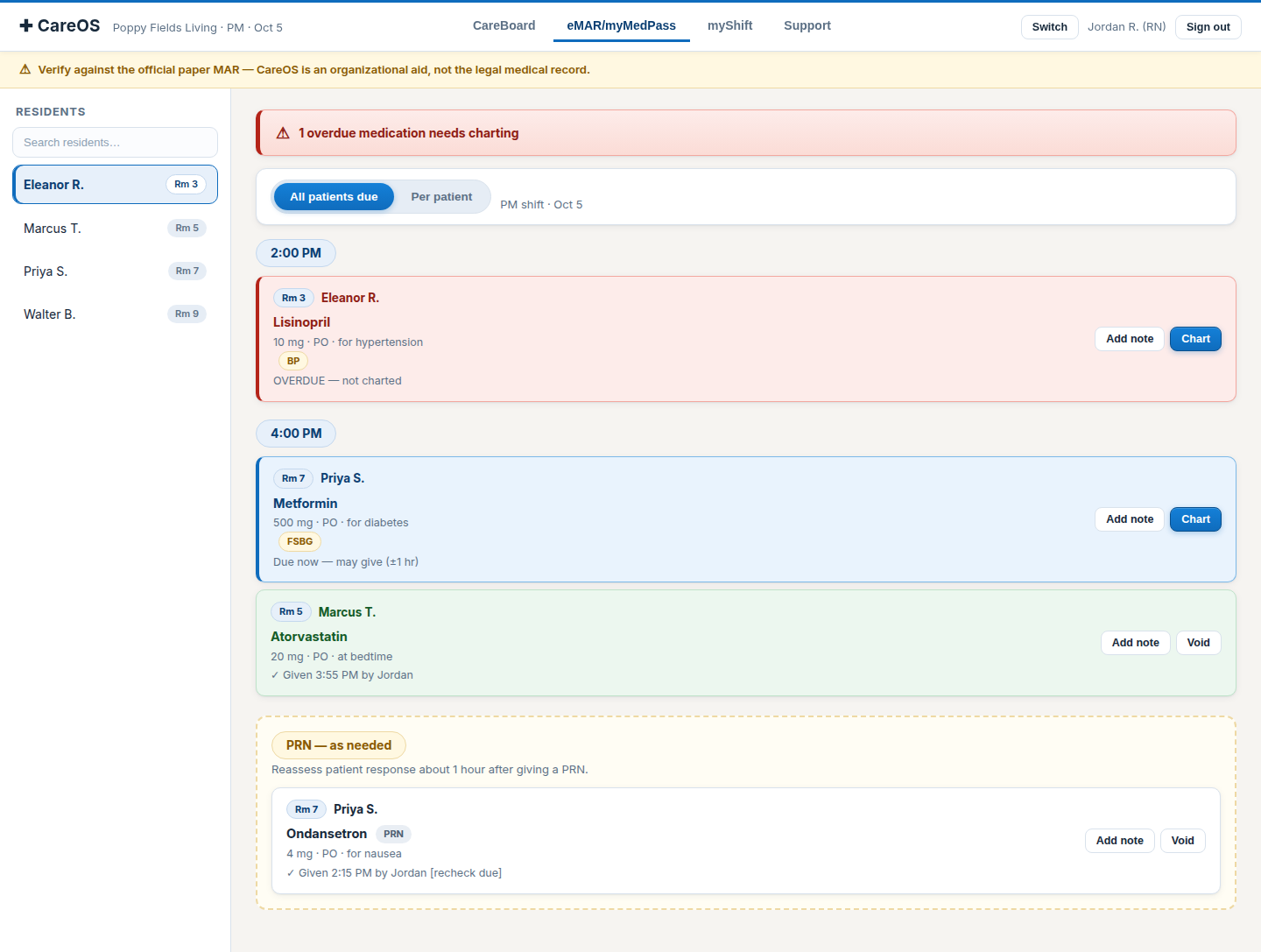 CareOS med pass screen