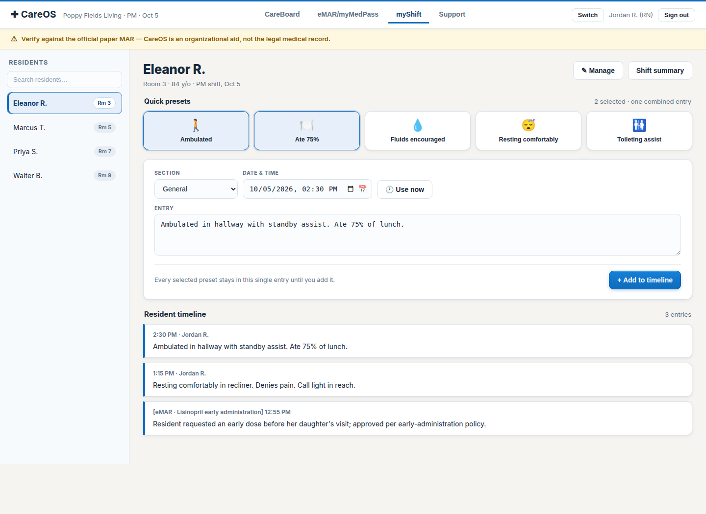 CareOS myShift notes screen